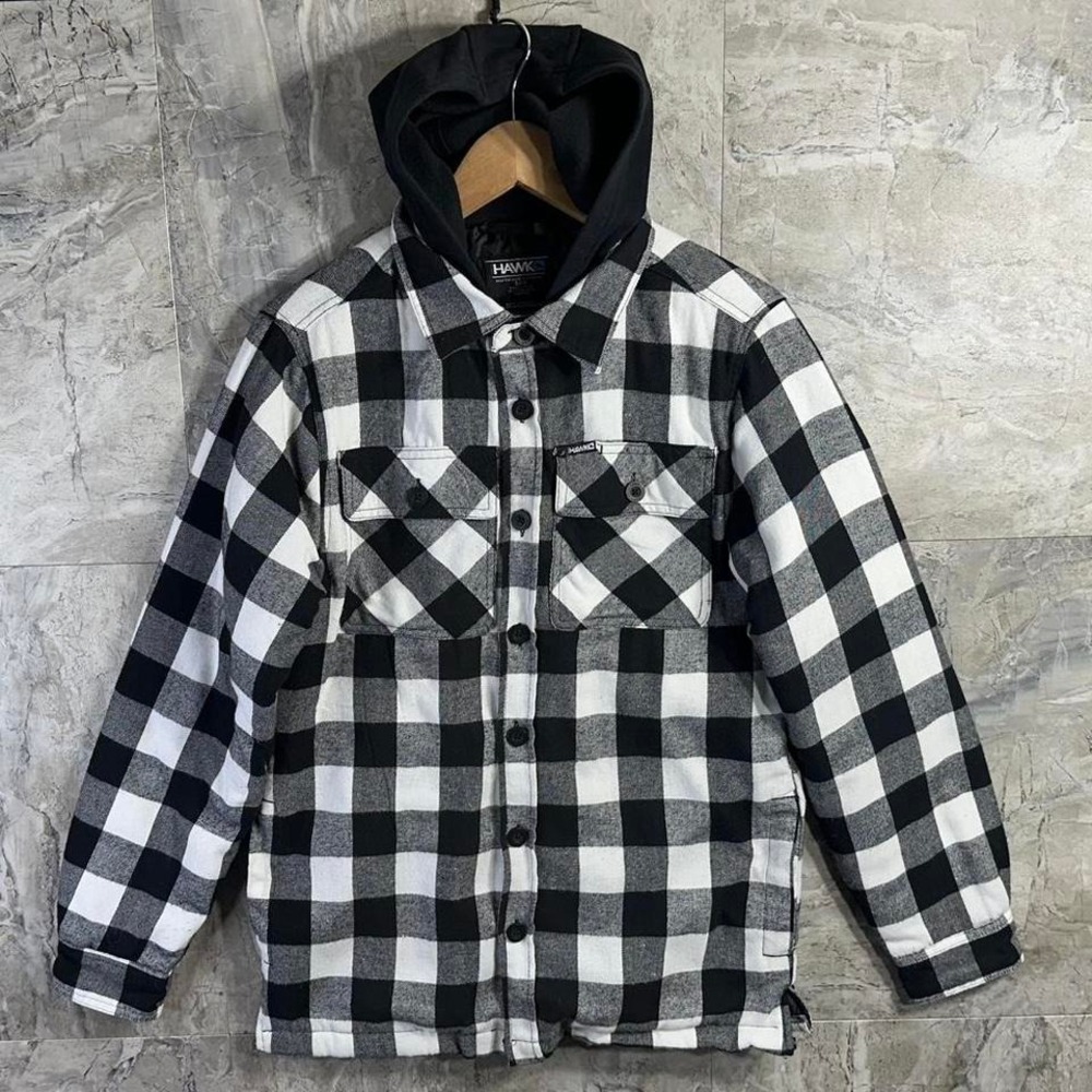 Tony Hawk black & white plaid flannel jacket with hood Mens Size S #skateboard